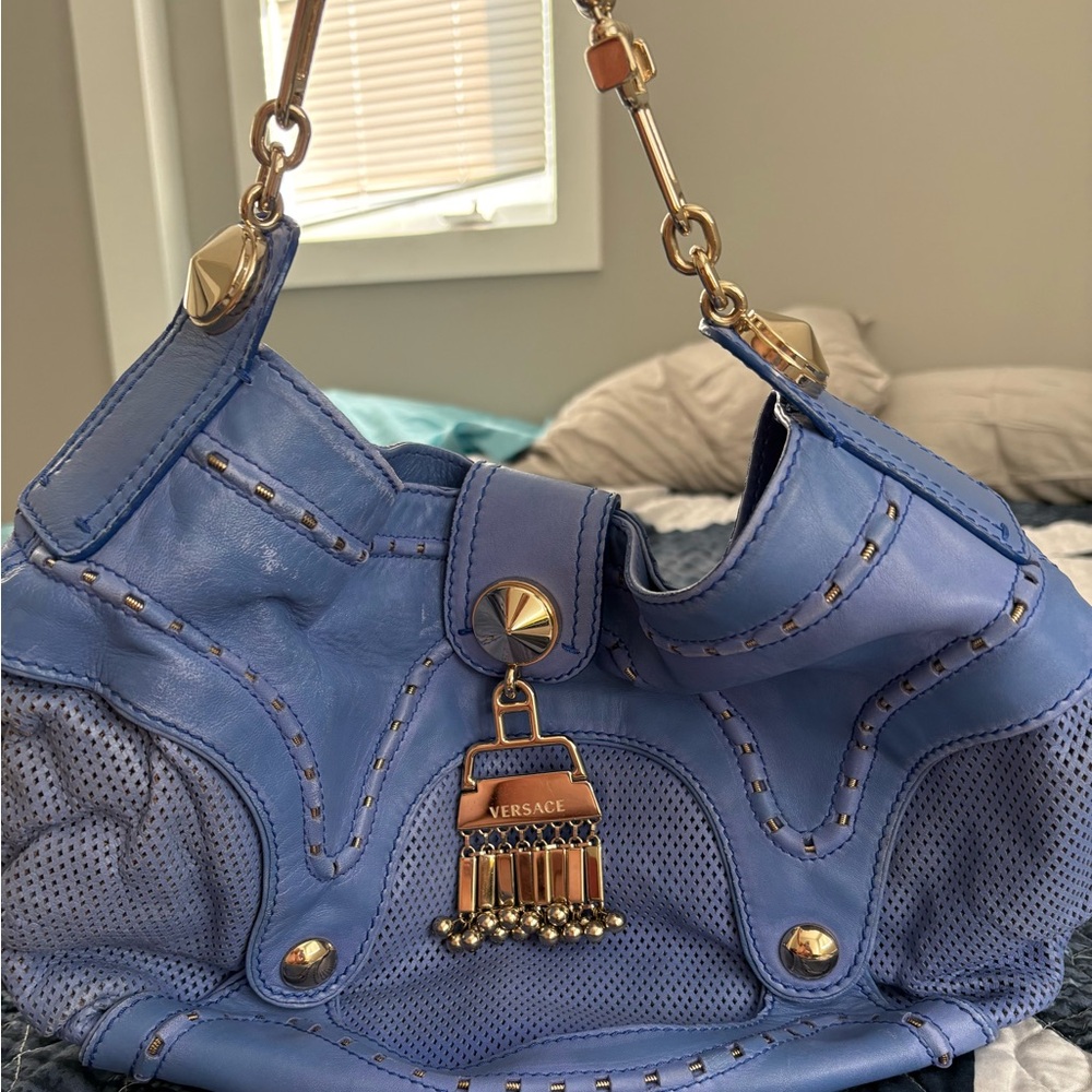Versace Gold-Accented Blue Shoulder Bag